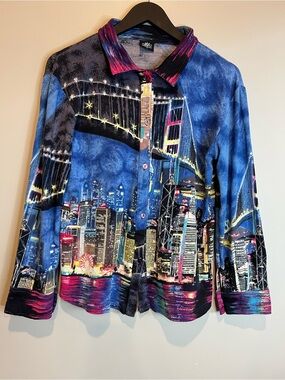 Miss Nikky Cityscape Button-Up Top Small Graphic Skyline Blouse Y2K